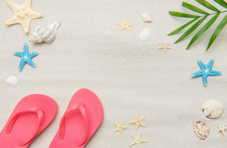 Pink flip flops, seashells, starfishes, and palm leaf arranged on white sand evoke summer vacation vibesの写真素材