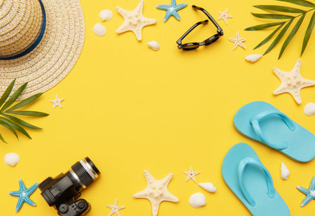 Summer accessories such as flip flops, sunglasses, camera, seashells, starfish, and a straw hat framing vibrant yellow background with copy space, creating a perfect backdrop for travel planningの写真素材