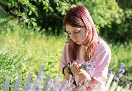 Girl with pink hair cutting lavender flowers with scissors in a sunny gardenの写真素材