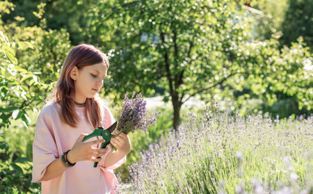 Young girl cutting lavender flowers with pruning shears in a fieldの写真素材