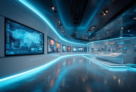 An immersive technology exhibit features high-tech displays and interactive screens, designed with a sleek, futuristic aesthetic.の素材