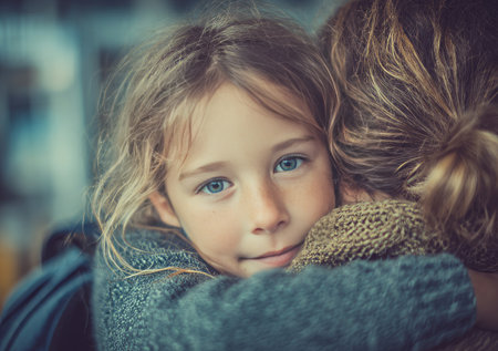 Daughter lovingly embraces her mother, creating a heartwarming moment of connection and affectionの素材