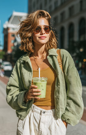 Fashionable young woman drinking a matcha latte while walking down a sunny city streetの素材