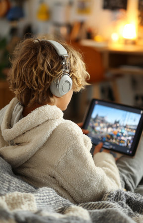 Young boy enjoying watching videos on digital tablet while wearing headphones in cozy home environmentの素材