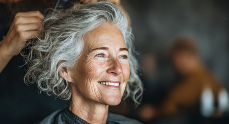 Hairdresser combing hair of a happy senior woman with beautiful gray hair in a beauty salonの素材