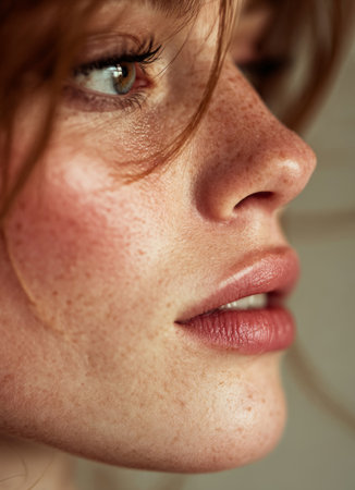Profile of a caucasian woman with red hair, freckles, and beautiful skin promoting natural beauty and skincareの素材