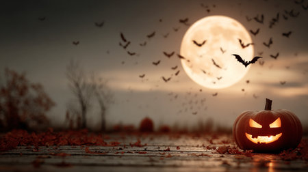 Spooky halloween pumpkin glowing under big moon with bats flying around in a dark nightの素材