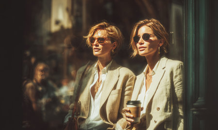 Two businesswomen in sunglasses enjoying a coffee break on a sunny dayの素材