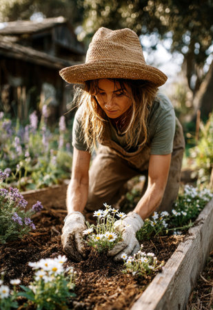 Woman wearing gloves and straw hat planting white flowers in garden bed surrounded by lush greeneryの素材