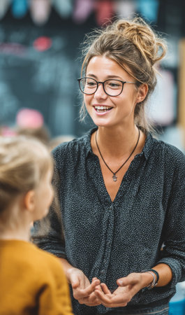 Teacher explaining something to her student during class in a modern classroomの素材