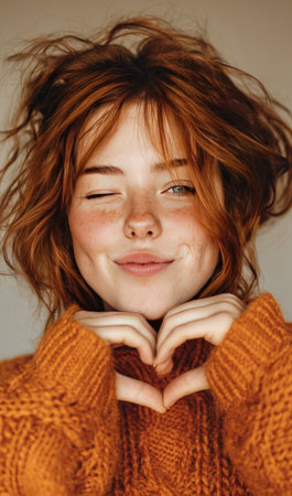 Portrait of a cheerful young woman with red hair and freckles winking and making a heart shape with her handsの素材
