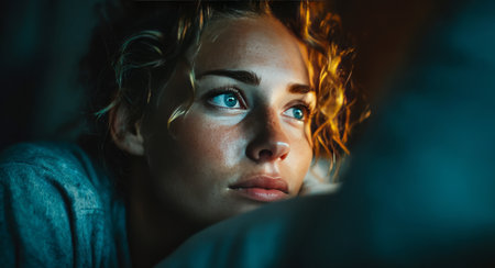 Close up of young woman with blue eyes watching a movie on her smartphone in bed at nightの素材