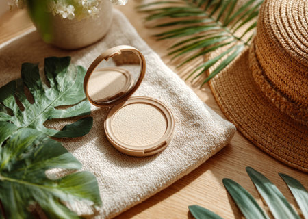 Beige face powder palette rests open on a towel with tropical leaves, straw hat, and flowers nearby, evoking summer beauty routineの素材