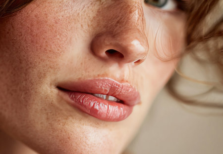 Close up showcases natural beauty, emphasizing freckles, healthy skin, and lip glossの素材