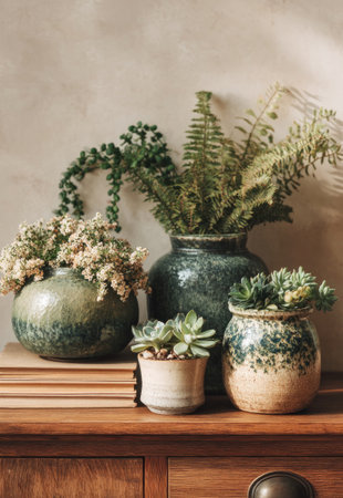 Stylish home decor with ceramic vases, ferns, succulents, and vintage books on a wooden dresser, creating a cozy and inviting atmosphereの素材