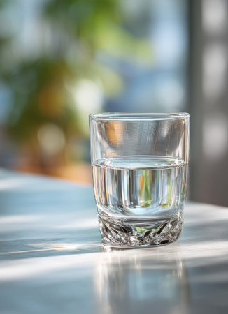 Clear drinking water inside glass on table reflecting sunlight with blurred green backgroundの素材
