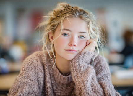 Bored student resting her head on her hand during classの素材