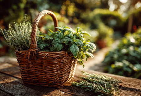 Aromatic herbs like mint and rosemary overflow from a wicker basket, embodying the essence of garden fresh bountyの素材