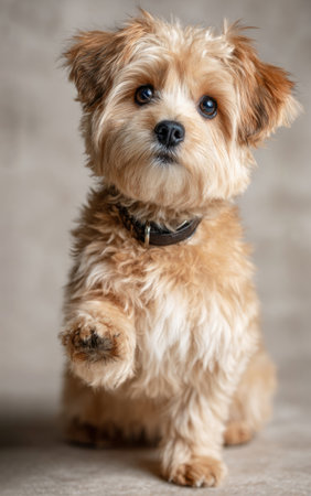 Small, fluffy dog sits and lifts paw, showcasing playful and friendly natureの素材