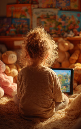 Toddler girl watching cartoons on a tablet, sitting on a fluffy carpet, back viewの素材