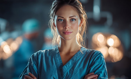 Confident female surgeon standing with crossed arms in operating room, colleagues performing surgery in backgroundの素材
