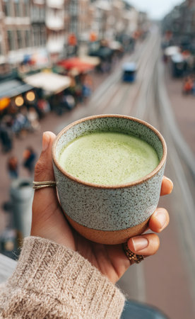 Woman enjoying a matcha latte with a blurred city view of amsterdam in the backgroundの素材