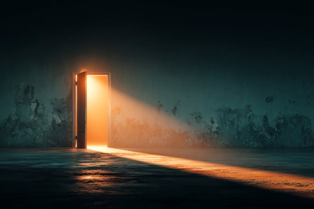 Light illuminates dark room from doorway, symbolizing hope, opportunity, and new beginningsの素材