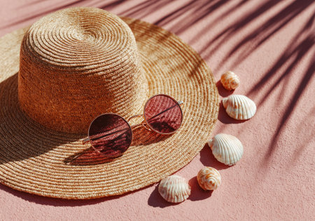 Summer accessories creating a beach vacation vibe with palm tree shadows on a pink backgroundの素材
