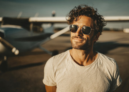 Portrait of a confident pilot wearing sunglasses near a small airplane, enjoying the sunny weather on the tarmacの素材