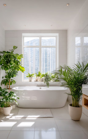 White bathtub surrounded by houseplants creating a relaxing atmosphere in a modern bathroomの素材
