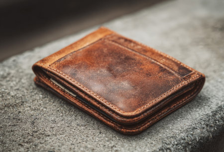 Closed brown leather wallet lying on a concrete surface, suggesting themes of personal finance, money management, and everyday carryの素材