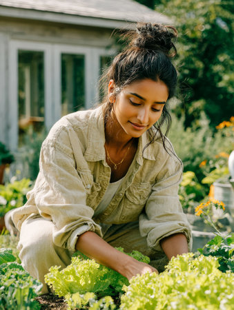 Young woman gardening, taking care of her lettuce plants in her backyardの素材