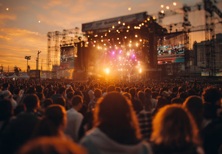 People attending a music festival during sunset, enjoying live musicの素材