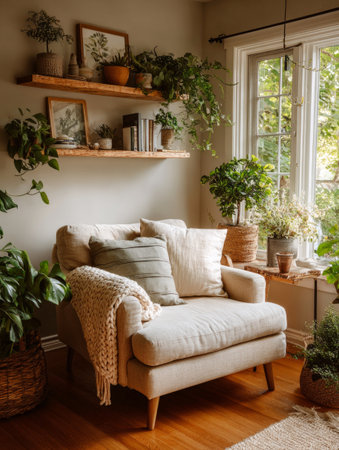 Sunlight streams into a cozy reading nook filled with lush houseplants, inviting relaxation and tranquilityの素材