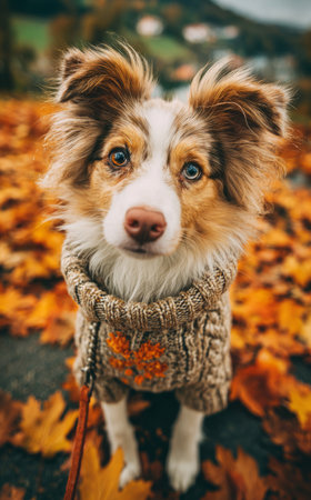 Australian shepherd puppy wearing a warm sweater is sitting on colorful autumn leavesの素材
