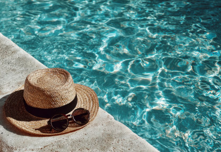 Enjoying summer vibes with a straw hat and sunglasses by the poolside, perfect for a relaxing vacationの素材