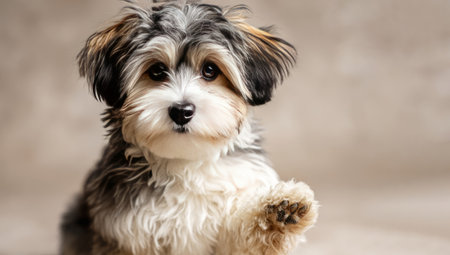 Small morkie puppy raising paw in playful gesture, showcasing its charming personality against a neutral backdropの素材