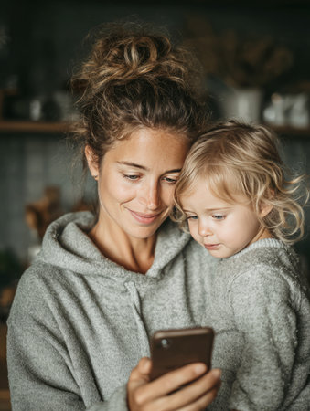 Mom and her little girl are enjoying some time together while looking at a smartphoneの素材