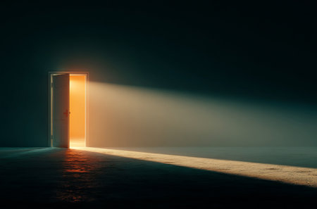 Open door letting a bright light shine into a dark room, creating a mysterious and hopeful atmosphereの素材