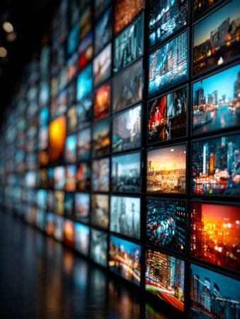 Large video wall displaying various cityscapes and abstract visuals, creating an immersive multimedia experience in a contemporary settingの素材