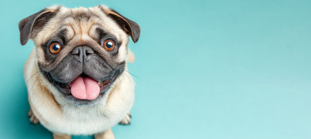 Studio shot of a happy pug dog panting, on a turquoise background with copy spaceの素材