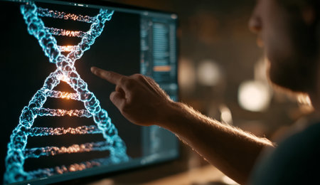 Medical researcher analyzing dna structure on a computer screen, exploring genetic code and advancing scientific knowledgeの素材
