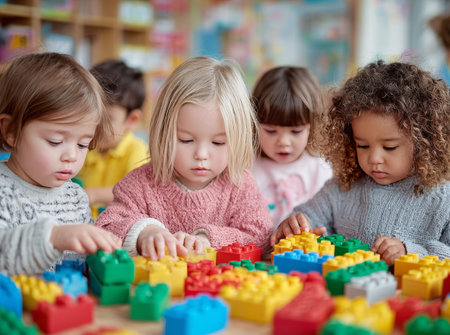 Diverse group of preschoolers concentrating on building with colorful plastic blocks, fostering teamwork and early childhood developmentの素材