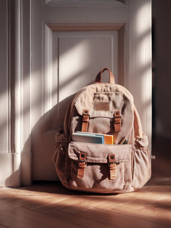 Beige canvas backpack with notebooks and pens inside, leaning against a white door in a sunlit room, ready for school, work, or travelの素材