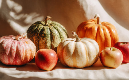 Vibrant pumpkins and ripe apples create a beautiful autumnal still life, illuminated by warm sunlightの素材