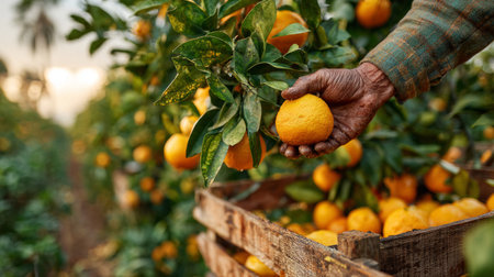 Farmer carefully picks a ripe orange from a tree in a sunlit orchard, gently placing it in a wooden crate filled with freshly harvested fruitの素材