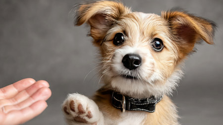 Small brown and white puppy raising paw to owner, showing trained behaviorの素材