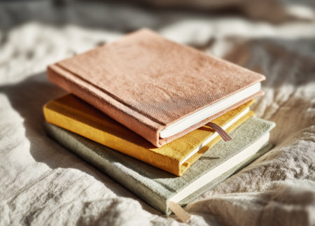 Three fabric bound notebooks in pastel colors stacked on a linen sheet, illuminated by warm sunlight, creating a cozy and inviting sceneの素材