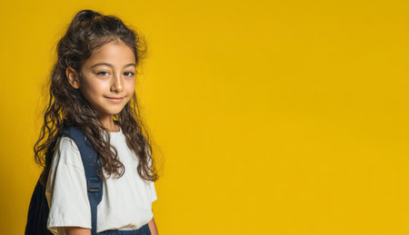 Portrait of a smiling female student carrying backpack against a vibrant yellow backdrop, ready for schoolの素材