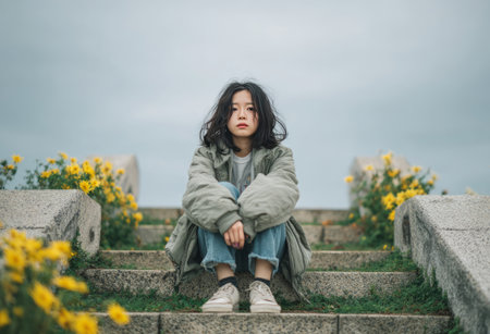 Sad young asian woman sitting on concrete steps surrounded by yellow flowers, expressing loneliness and contemplationの素材